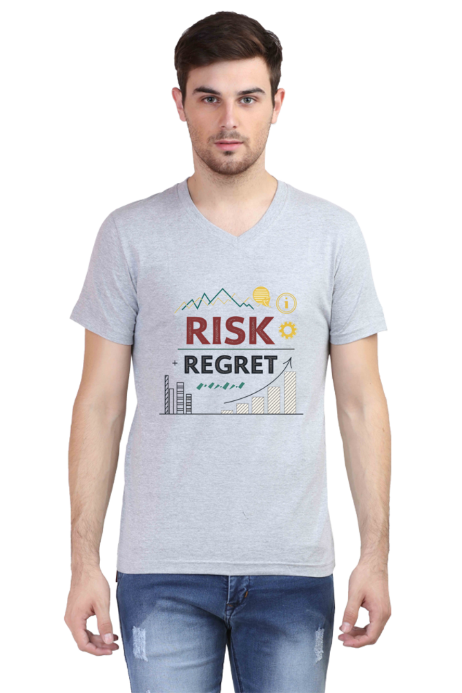 Male V Neck T-Shirt UV34 Grey Melange | Risk Regret Print 1 Male V Neck T-Shirt UV34 Grey Melange | Risk Regret Print