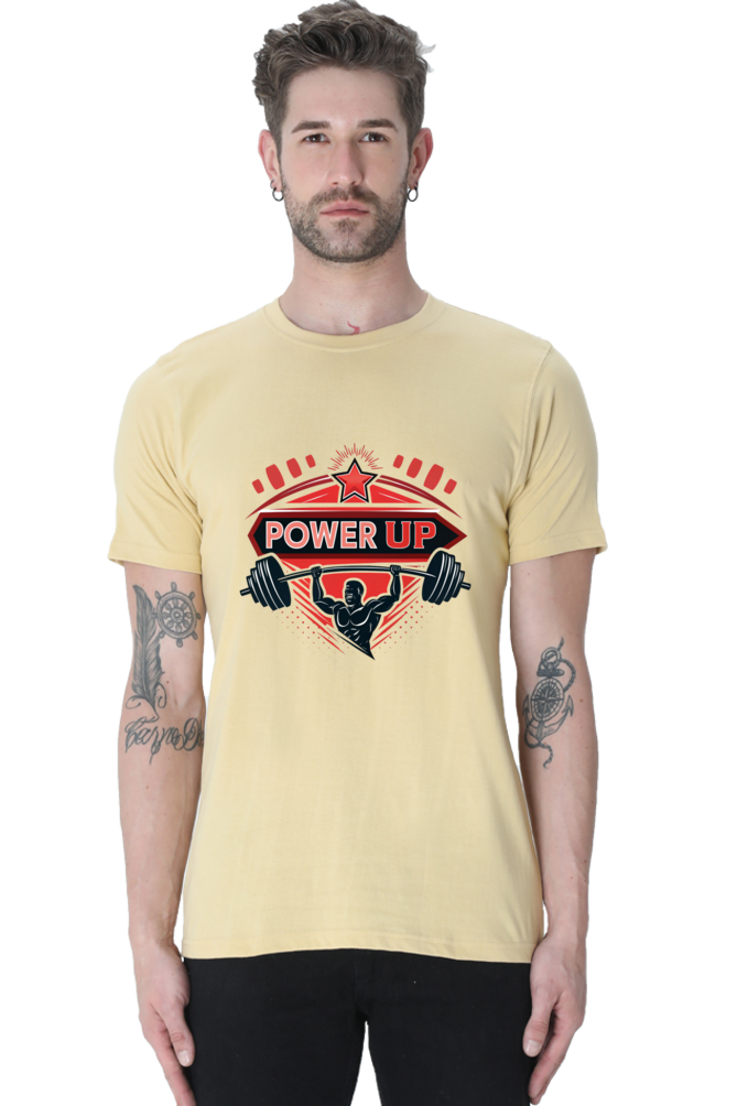 Male Classic Crew T-Shirt Beige | PowerUp Motivational Print 1 Male Classic Crew T-Shirt Beige | PowerUp Motivational Print